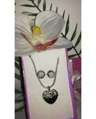 Parure Coeur collier et boucles d'oreilles : perles Swarovski - couleur Noir & Argent