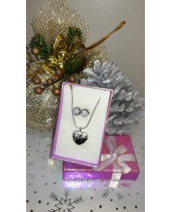 Parure Coeur collier et boucles d'oreilles : perles Swarovski - couleur Noir & Argent