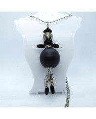 Sautoir poupée perle ronde gris et argent