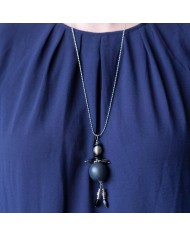 Sautoir poupée perle ronde gris et argent