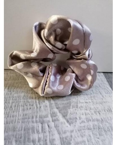 Chouchou élastique en satin à pois taupe et blanc