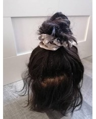 Chouchou élastique en satin à pois taupe et blanc