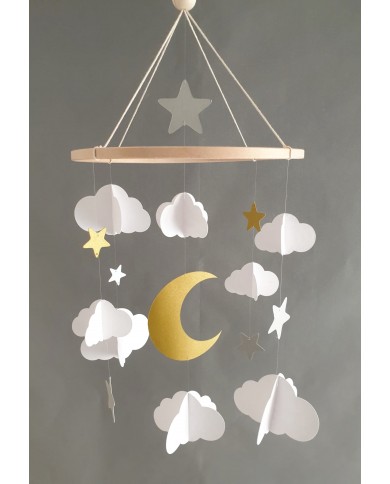 Mobile bébé nuages et lune sur cercle en bois 25 cm Cadeau de naissance Mobile pour berceau Mobile chambre d'enfant