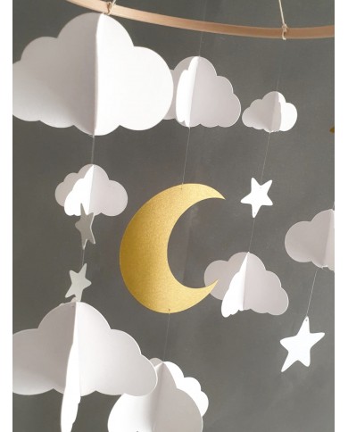 Mobile bébé nuages et lune sur cercle en bois 25 cm Cadeau de naissance Mobile pour berceau Mobile chambre d'enfant