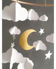Mobile bébé nuages et lune sur cercle en bois 25 cm Cadeau de naissance Mobile pour berceau Mobile chambre d'enfant