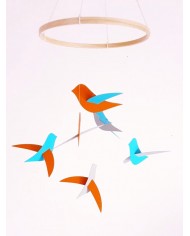 Mobile bébé 6 Oiseaux gris orange bleu en papier cartonné recyclé Décor au-dessus du lit de bébé