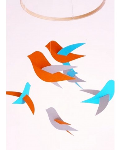 Mobile bébé 6 Oiseaux gris orange bleu en papier cartonné recyclé Décor au-dessus du lit de bébé