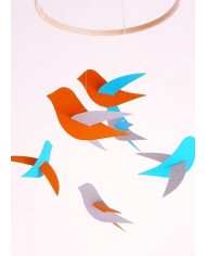 Mobile bébé 6 Oiseaux gris orange bleu en papier cartonné recyclé Décor au-dessus du lit de bébé