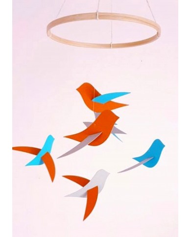 Mobile bébé 6 Oiseaux gris orange bleu en papier cartonné recyclé Décor au-dessus du lit de bébé