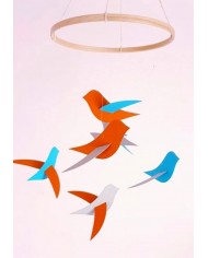 Mobile bébé 6 Oiseaux gris orange bleu en papier cartonné recyclé Décor au-dessus du lit de bébé