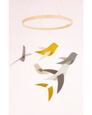 6 Oiseaux gris et or sur cercle en bois en papier recyclé Mobile pour berceau