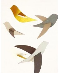 6 Oiseaux gris et or sur cercle en bois en papier recyclé Mobile pour berceau