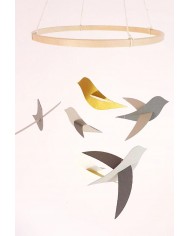 6 Oiseaux gris et or sur cercle en bois en papier recyclé Mobile pour berceau