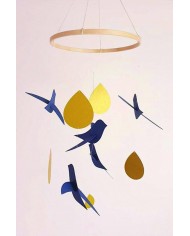 5 Oiseaux bleu Gouttes or sur cercle en bois Cadeau de naissance