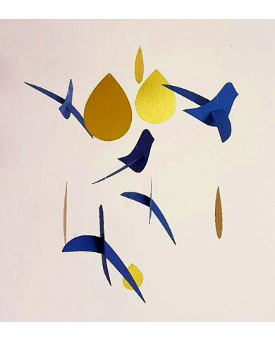 5 Oiseaux bleu Gouttes or sur cercle en bois Cadeau de naissance