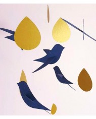 5 Oiseaux bleu Gouttes or sur cercle en bois Cadeau de naissance