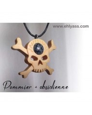 Amulette Crâne de pirate en bois + pierre obsidienne
