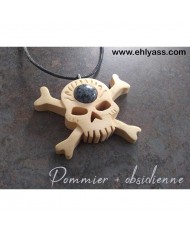 Amulette Crâne de pirate en bois + pierre obsidienne