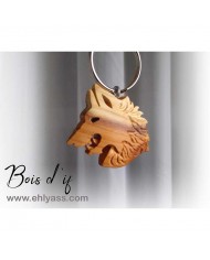 Porte-clé Loup grondant sculpté en bois massif
