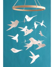 Mobile pour bébé 15 Oiseaux blancs sur cercle en bois 20 cm