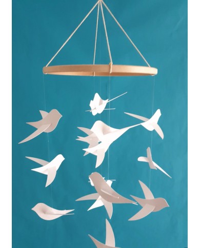 Mobile pour bébé 15 Oiseaux blancs sur cercle en bois 20 cm
