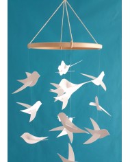 Mobile pour bébé 15 Oiseaux blancs sur cercle en bois 20 cm